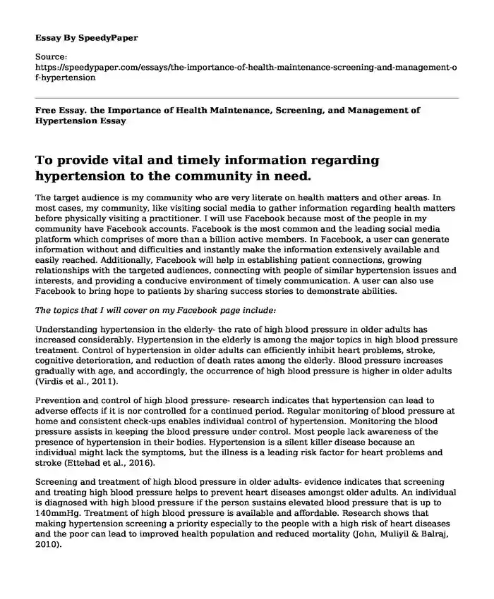 Free Essay. the Importance of Health Maintenance, Screening, and Management of Hypertension