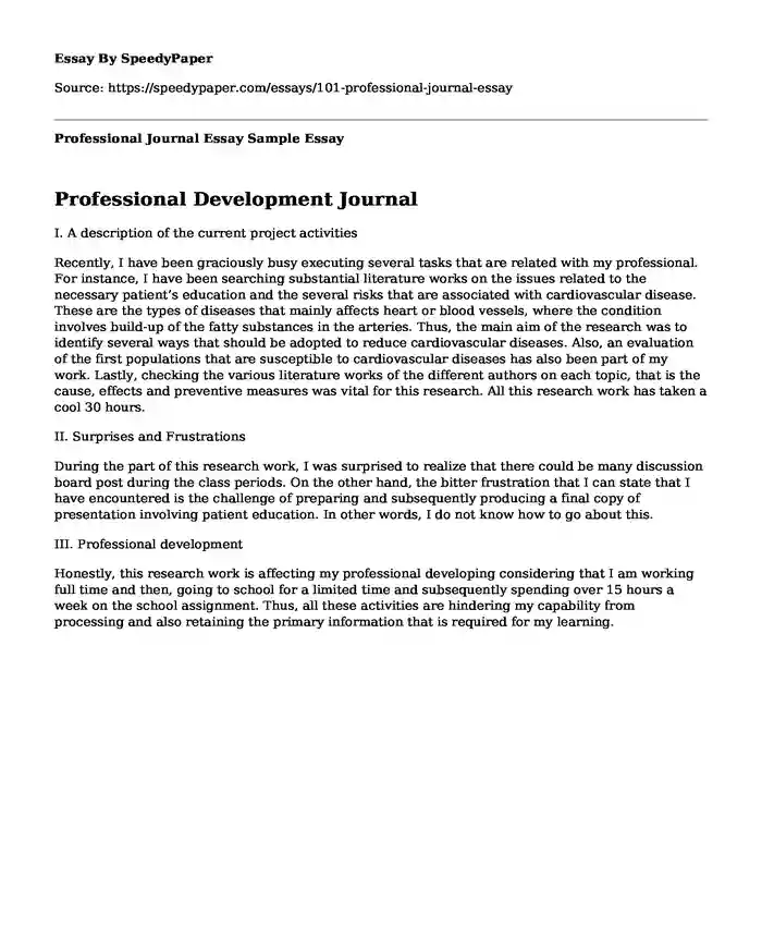 Professional Journal Essay Sample