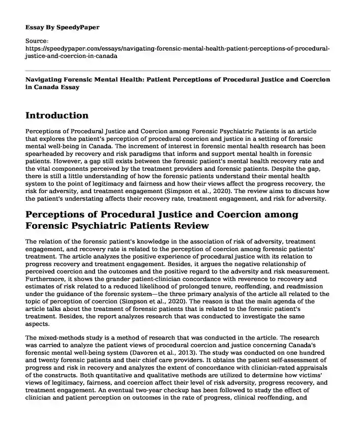 Navigating Forensic Mental Health: Patient Perceptions of Procedural Justice and Coercion in Canada