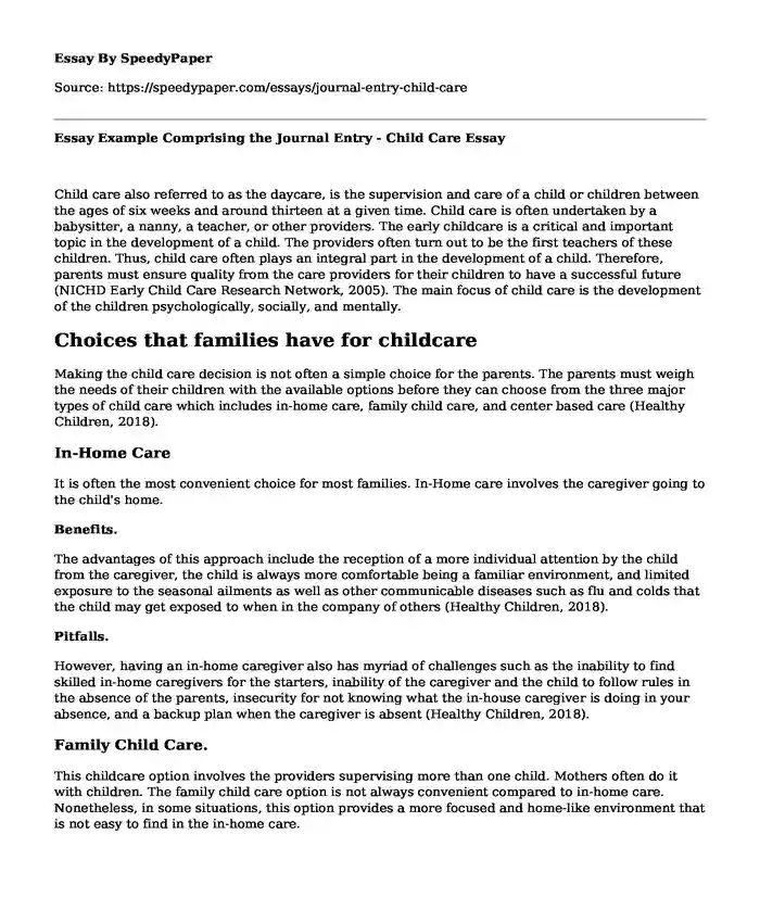 Essay Example Comprising the Journal Entry - Child Care
