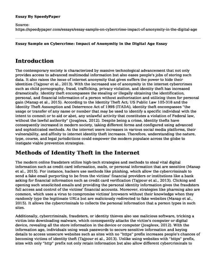 Essay Sample on Cybercrime: Impact of Anonymity in the Digital Age