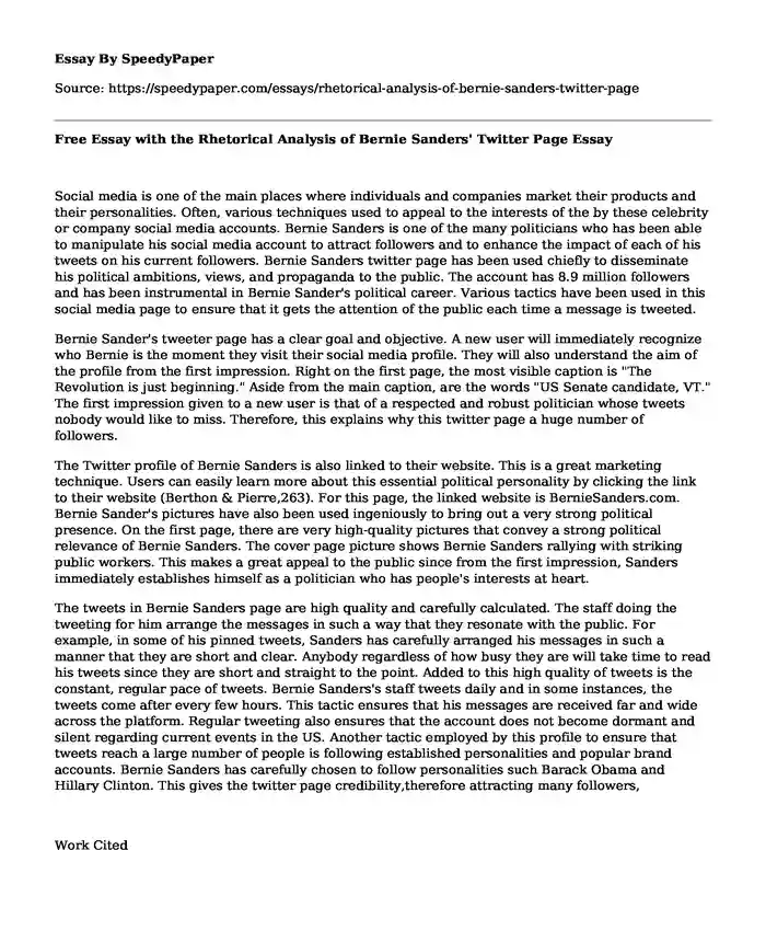 Free Essay with the Rhetorical Analysis of Bernie Sanders' Twitter Page