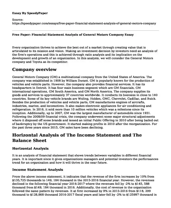 Free Paper: Financial Statement Analysis of General Motors Company