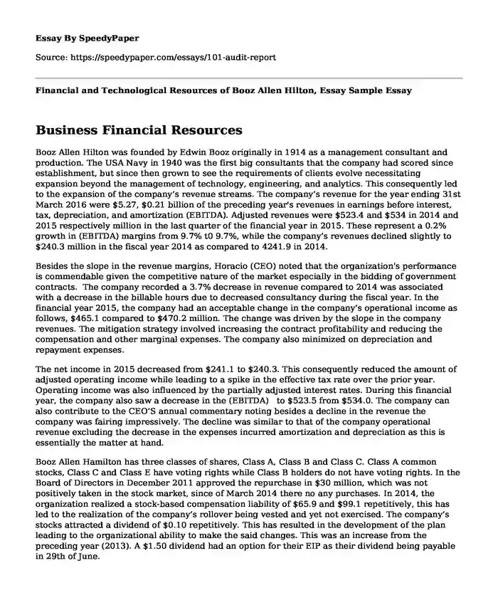 Financial and Technological Resources of Booz Allen Hilton, Essay Sample