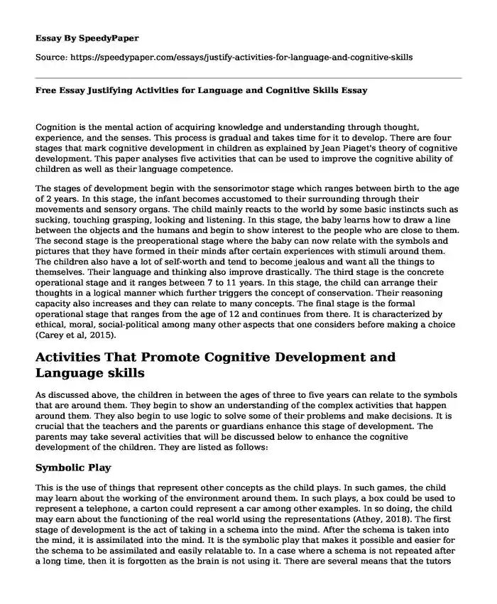 Free Essay Justifying Activities for Language and Cognitive Skills