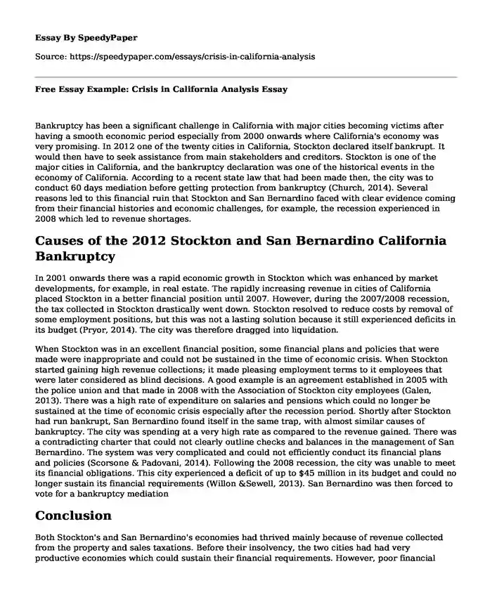 Free Essay Example: Crisis in California Analysis