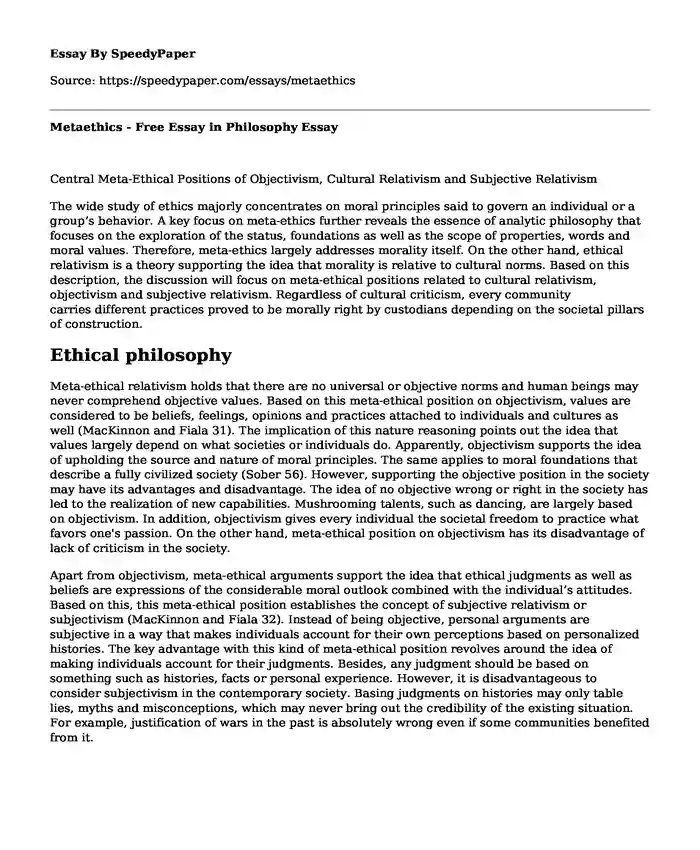 Metaethics - Free Essay in Philosophy