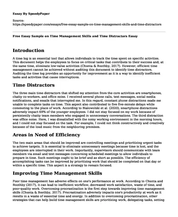 Free Essay Sample on Time Management Skills and Time Distractors