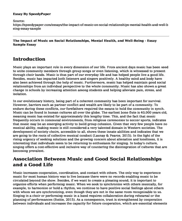 The Impact of Music on Social Relationships, Mental Health, and Well-Being - Essay Sample
