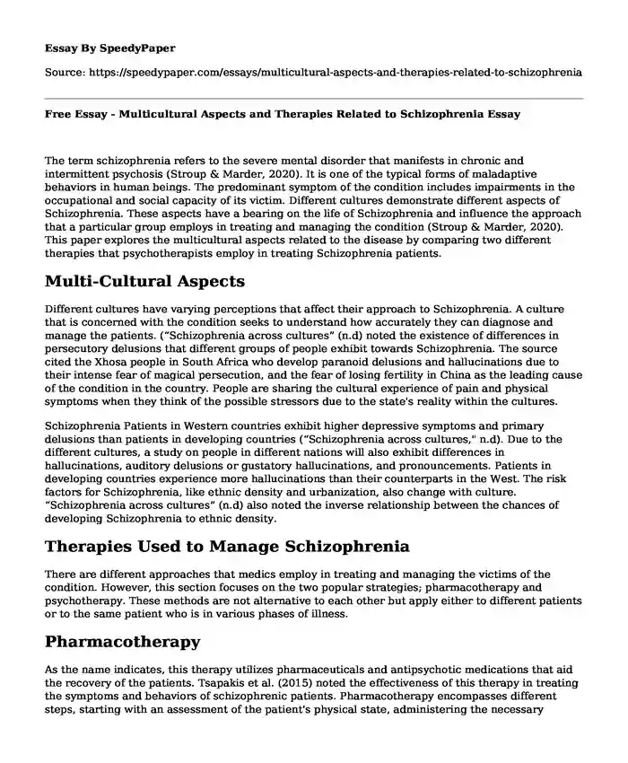 Free Essay - Multicultural Aspects and Therapies Related to Schizophrenia
