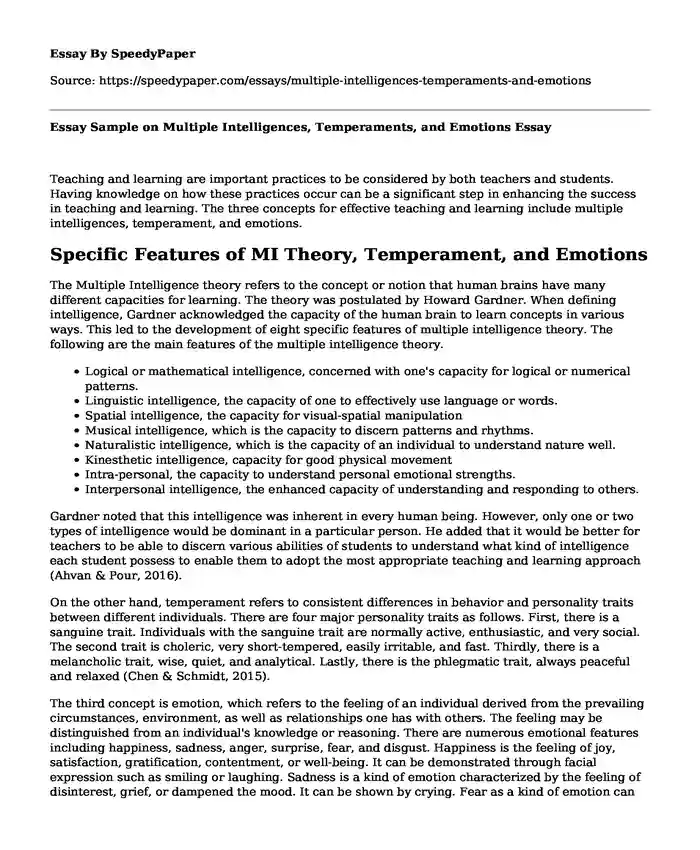 Essay Sample on Multiple Intelligences, Temperaments, and Emotions