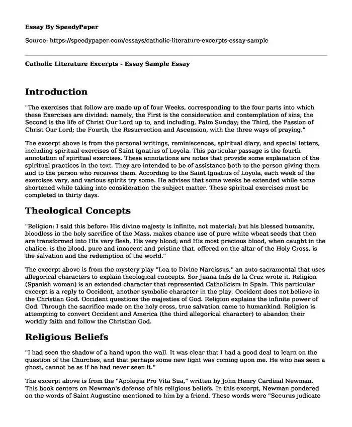 Catholic Literature Excerpts - Essay Sample