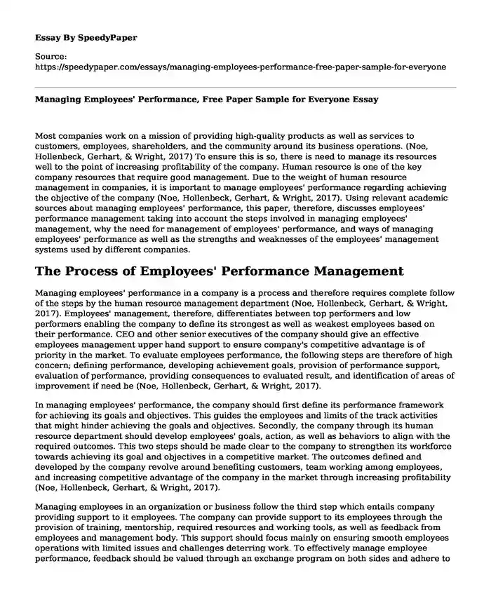 Managing Employees' Performance, Free Paper Sample for Everyone