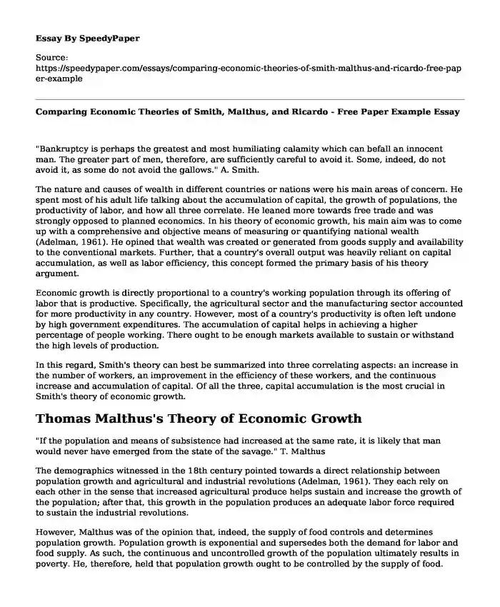 Comparing Economic Theories of Smith, Malthus, and Ricardo - Free Paper Example