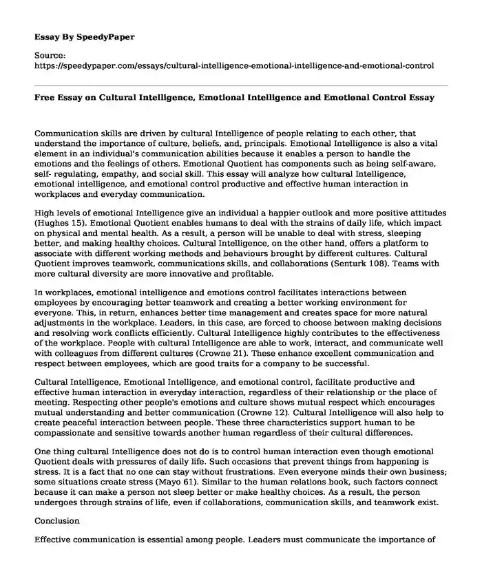 Free Essay on Cultural Intelligence, Emotional Intelligence and Emotional Control