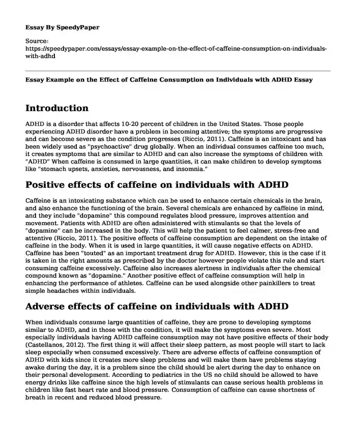 Essay Example on the Effect of Caffeine Consumption on Individuals with ADHD