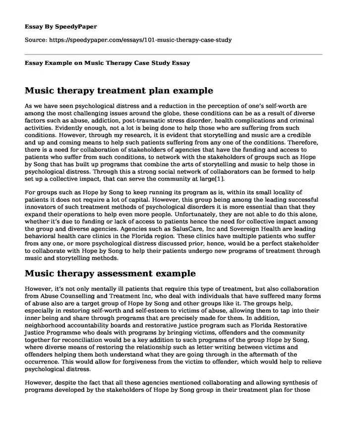 Essay Example on Music Therapy Case Study