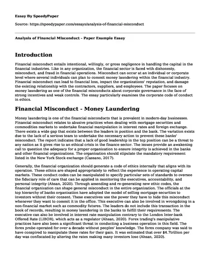 Analysis of Financial Misconduct - Paper Example