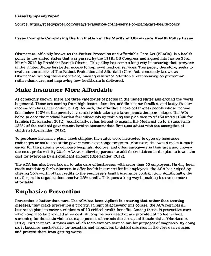 Essay Example Comprising the Evaluation of the Merits of Obamacare Health Policy