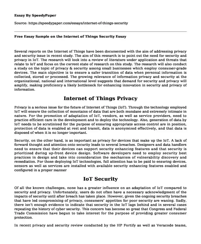 Free Essay Sample on the Internet of Things Security