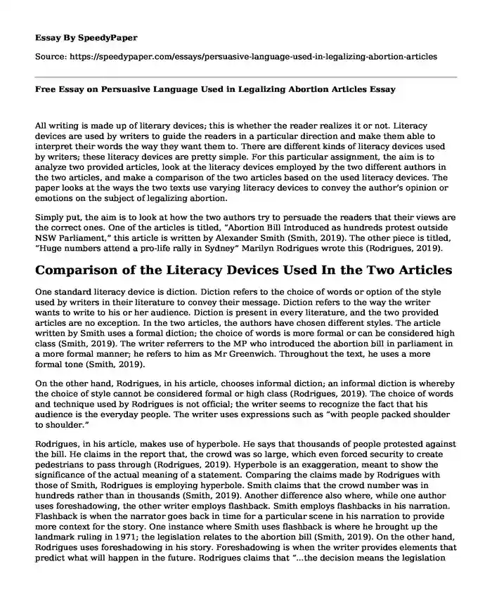 Free Essay on Persuasive Language Used in Legalizing Abortion Articles