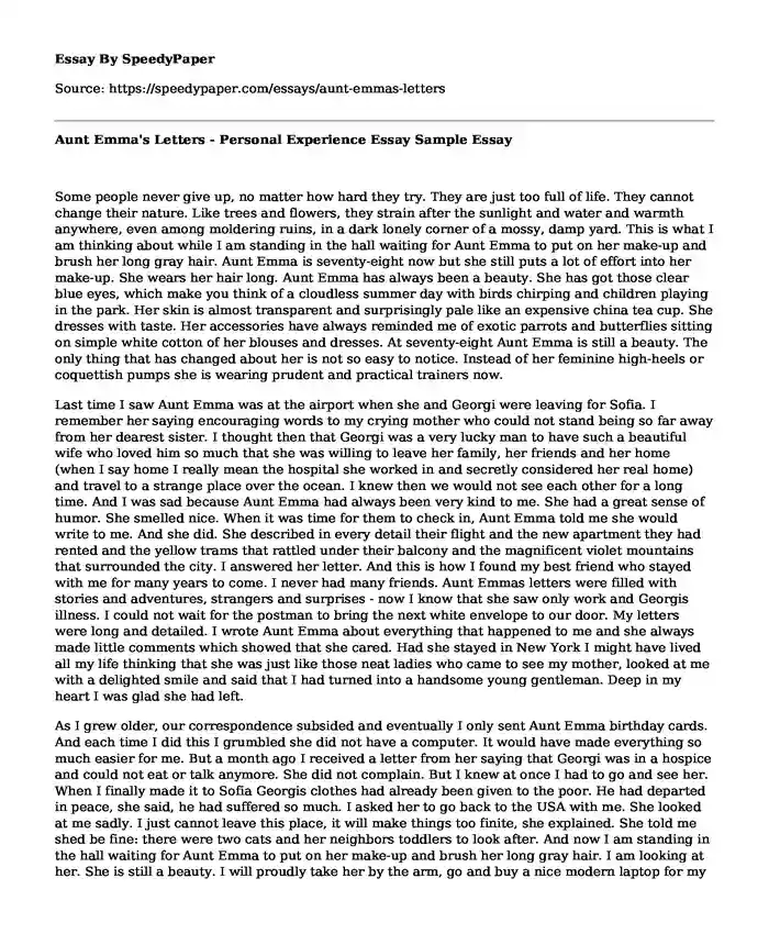 Aunt Emma's Letters - Personal Experience Essay Sample