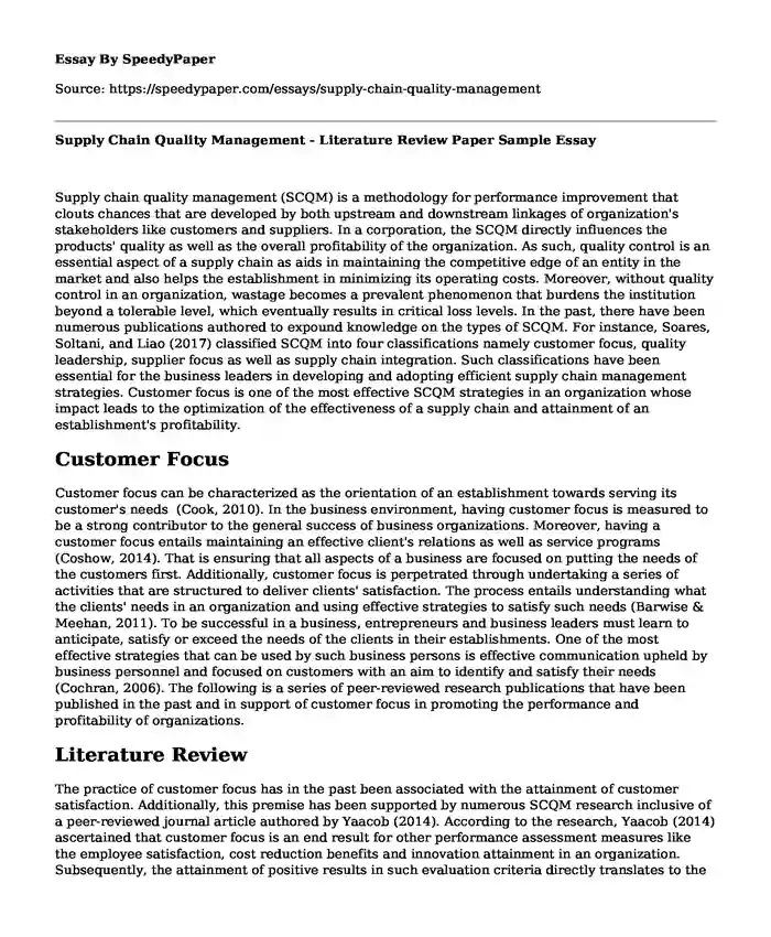 Supply Chain Quality Management - Literature Review Paper Sample