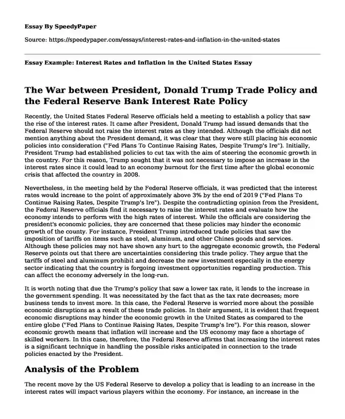 Essay Example: Interest Rates and Inflation in the United States