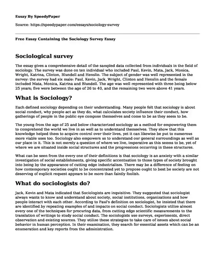 Free Essay Containing the Sociology Survey