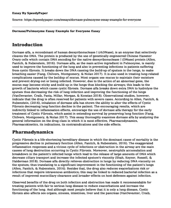 Dornase/Pulmozyme Essay Example for Everyone