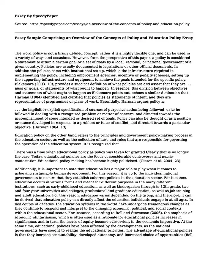 Essay Sample Comprising an Overview of the Concepts of Policy and Education Policy