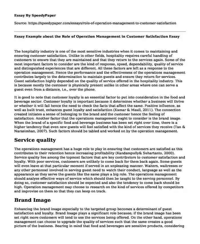 Essay Example about the Role of Operation Management in Customer Satisfaction