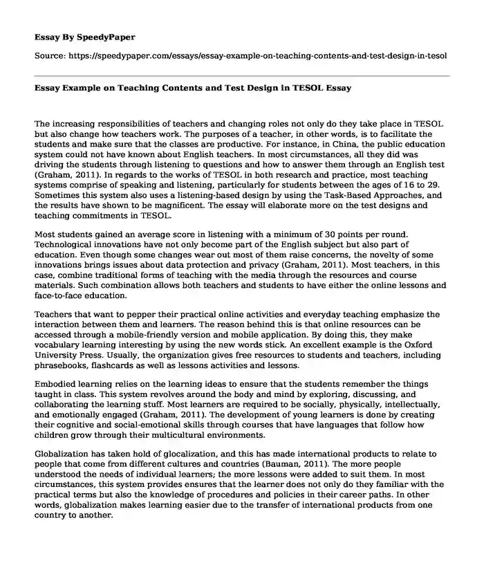 Essay Example on Teaching Contents and Test Design in TESOL