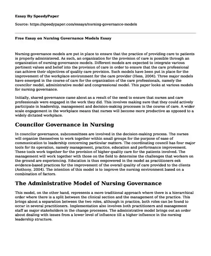 Free Essay on Nursing Governance Models
