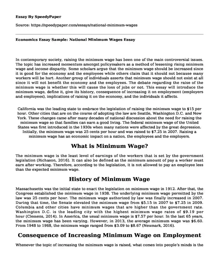 Economics Essay Sample: National Minimum Wages