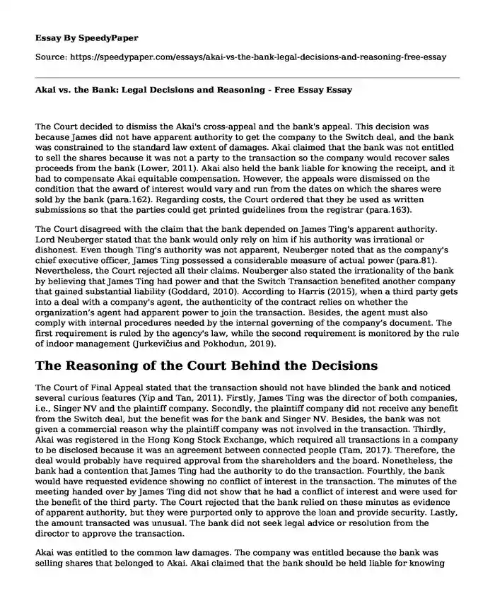 Akai vs. the Bank: Legal Decisions and Reasoning - Free Essay