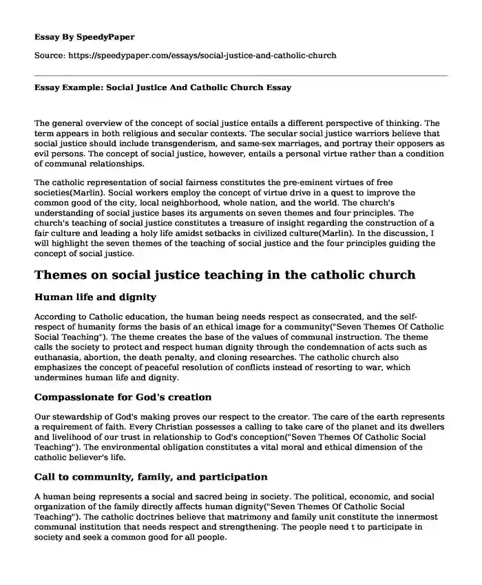 Essay Example: Social Justice And Catholic Church