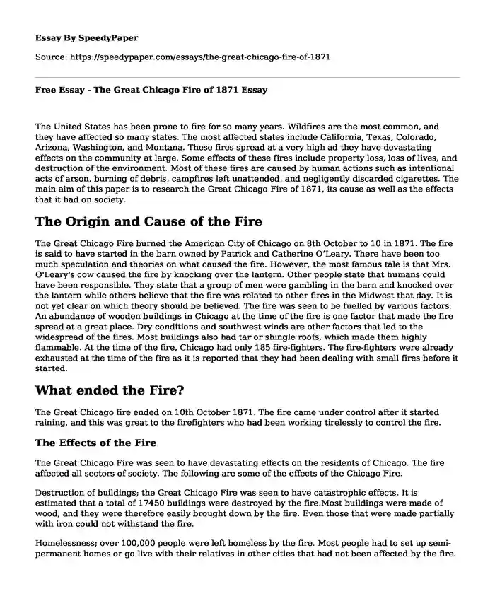 Free Essay - The Great Chicago Fire of 1871