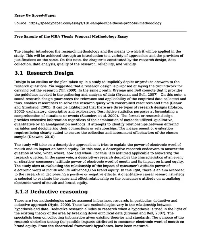 Free Sample of the MBA Thesis Proposal Methodology