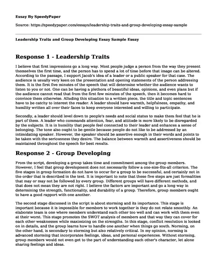 Leadership Traits and Group Developing Essay Sample