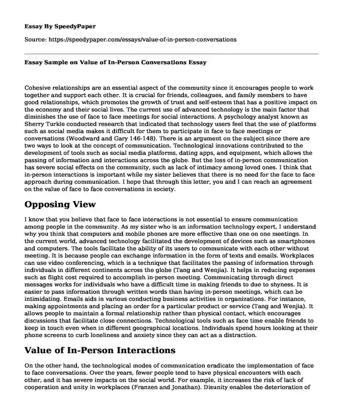 Essay Sample on Value of In-Person Conversations