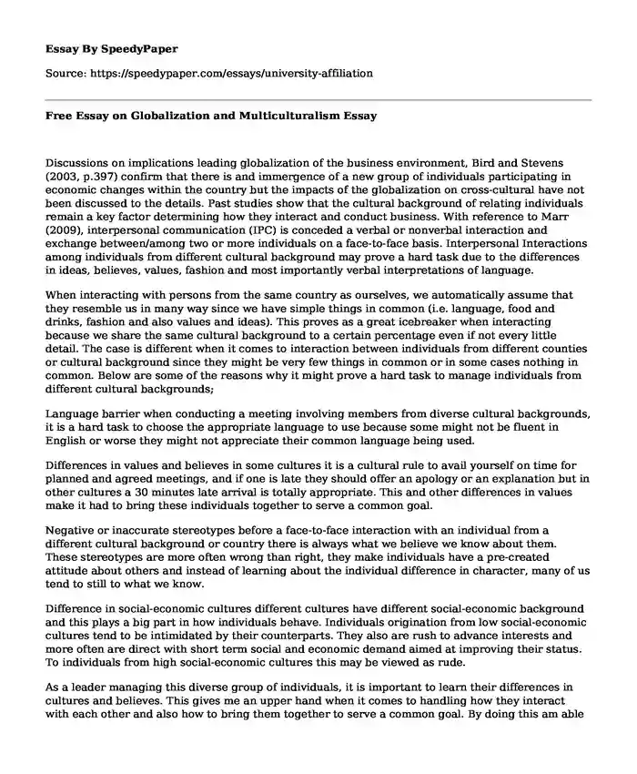 Free Essay on Globalization and Multiculturalism