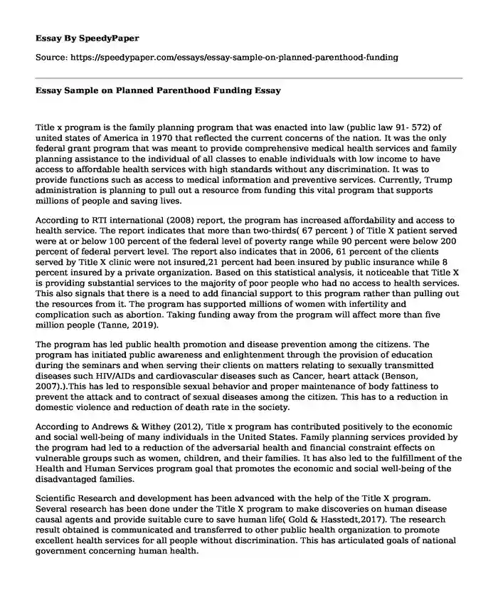 Essay Sample on Planned Parenthood Funding