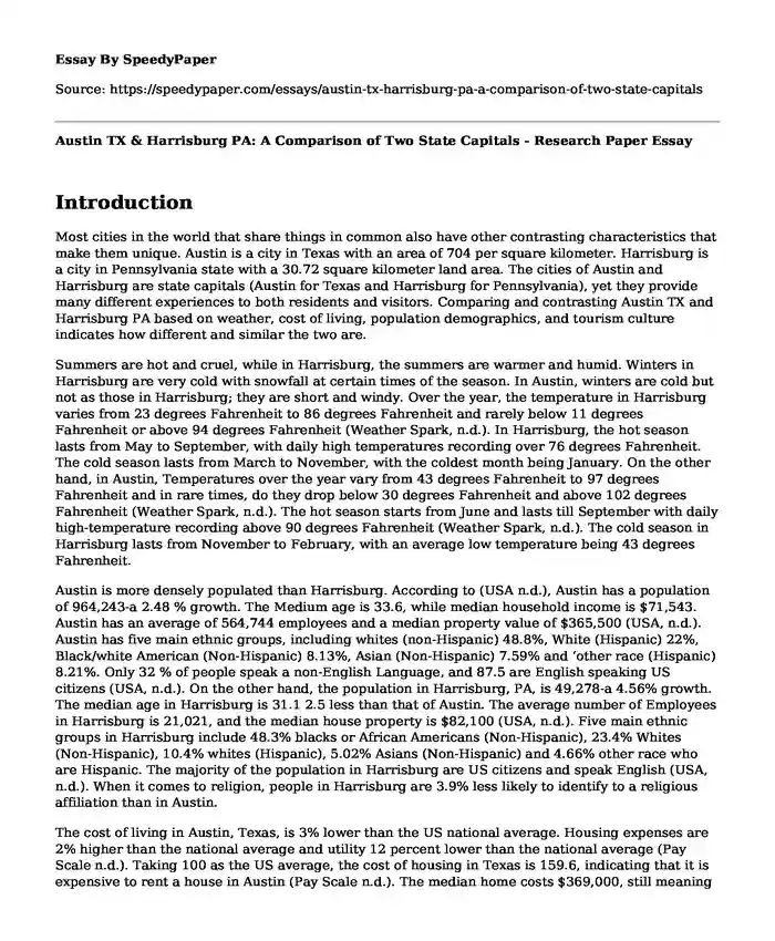 Austin TX & Harrisburg PA: A Comparison of Two State Capitals - Research Paper