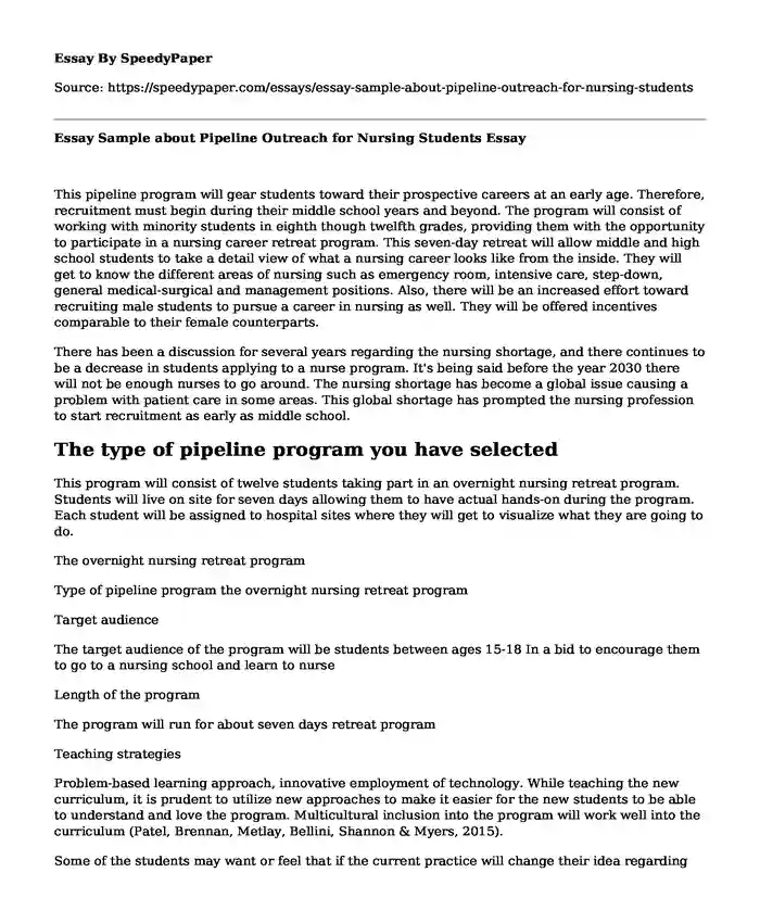 Essay Sample about Pipeline Outreach for Nursing Students