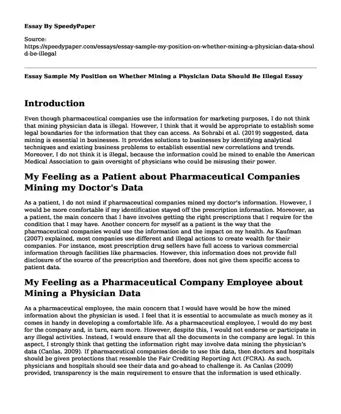 Essay Sample My Position on Whether Mining a Physician Data Should Be Illegal