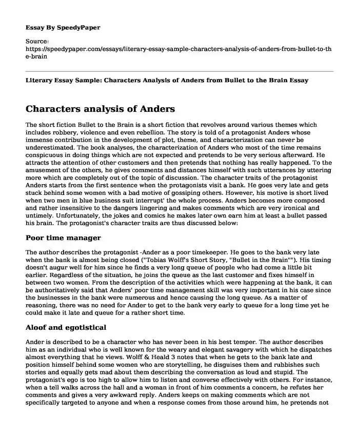 Literary Essay Sample: Characters Analysis of Anders from Bullet to the Brain