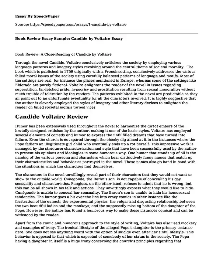Book Review Essay Sample: Candide by Voltaire