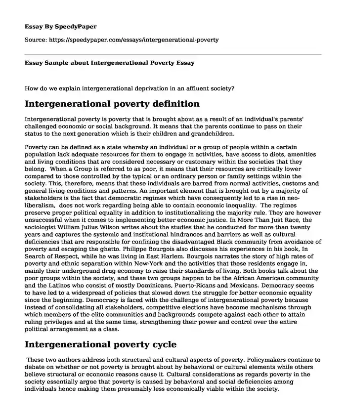 Essay Sample about Intergenerational Poverty