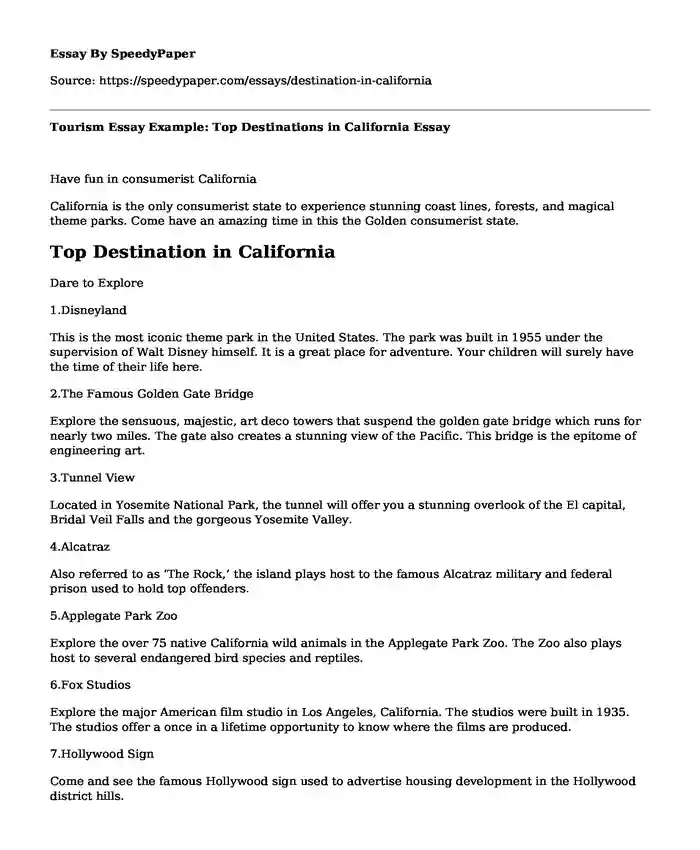 Tourism Essay Example: Top Destinations in California